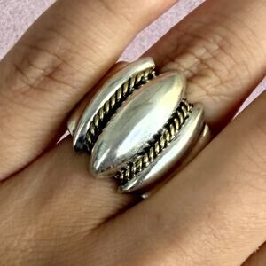 mexico sterling silver & brass braided accent scalloped band ring size 6.75